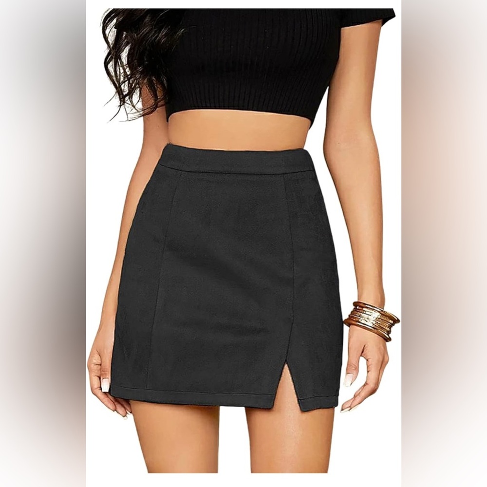 Small black high waist faux suede mini skirt